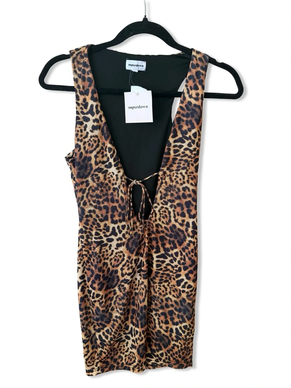 superdown Rupa Mini Dress Tan Leopard Print Tie-Front stretch Revolve S - Picture 2 of 7